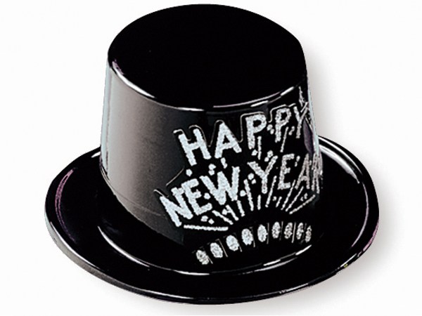 Black Plastic Top Hat with Silver Happy New Year