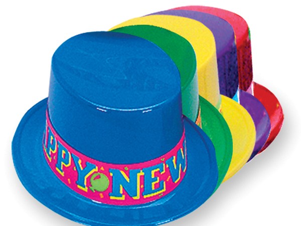 Plastic Top Hat with Neon Happy New Year Band