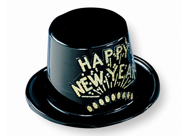 Black Plastic Top Hat with Gold Happy New Year