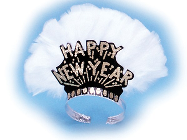 Deluxe Black Tiara with Gold Happy New Year w/White Feathers
